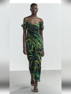 Zara Cold -Shoulder Green Botanical Print Maxi Dress, Size S.